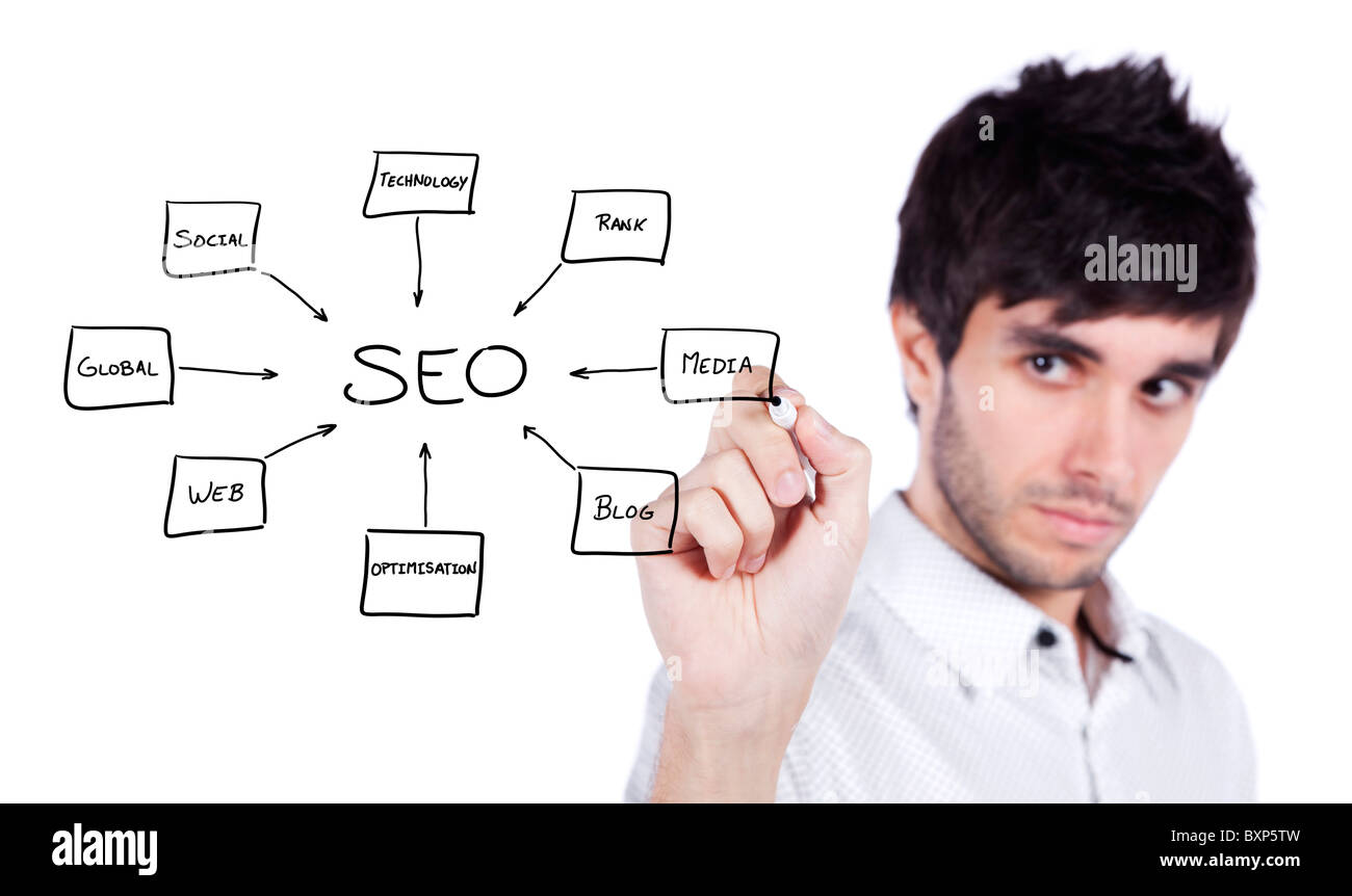 Junger Mann schreiben ein SEO-Schema auf dem Whiteboard (Tiefenschärfe) Stockfoto