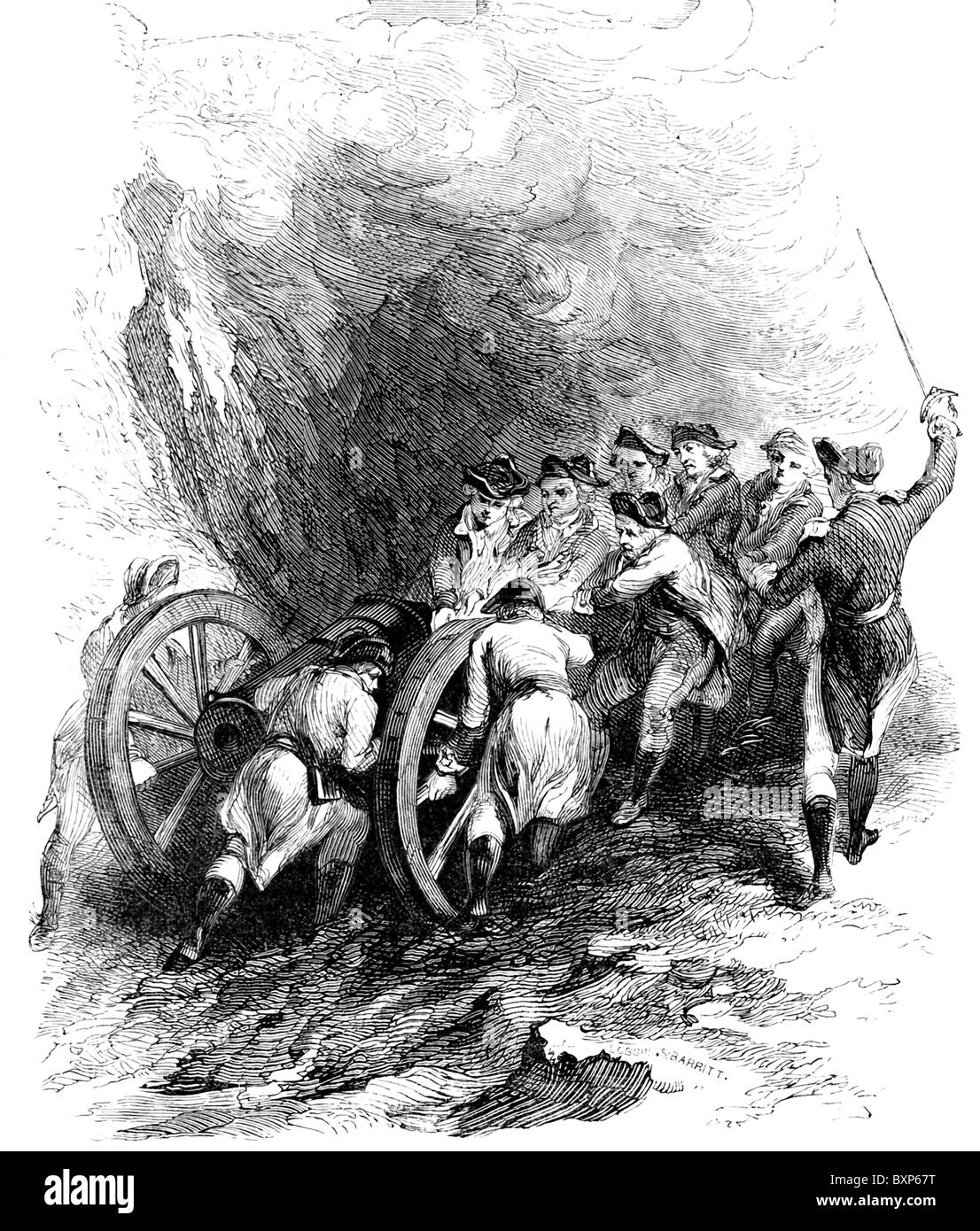 Amerikanischer General Stark hatten die Soldaten setzen alte Kanone fand er in Charlestown auf einem Wagen und ziehen Sie ihn über die grünen Berge. Stockfoto