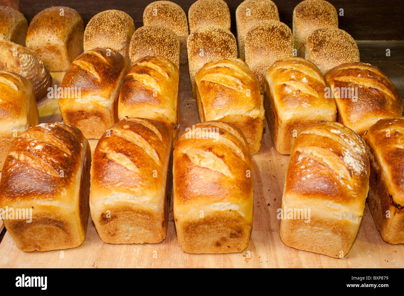 Laibe Brot frisch aus einem Woodfired Ofen Stockfoto