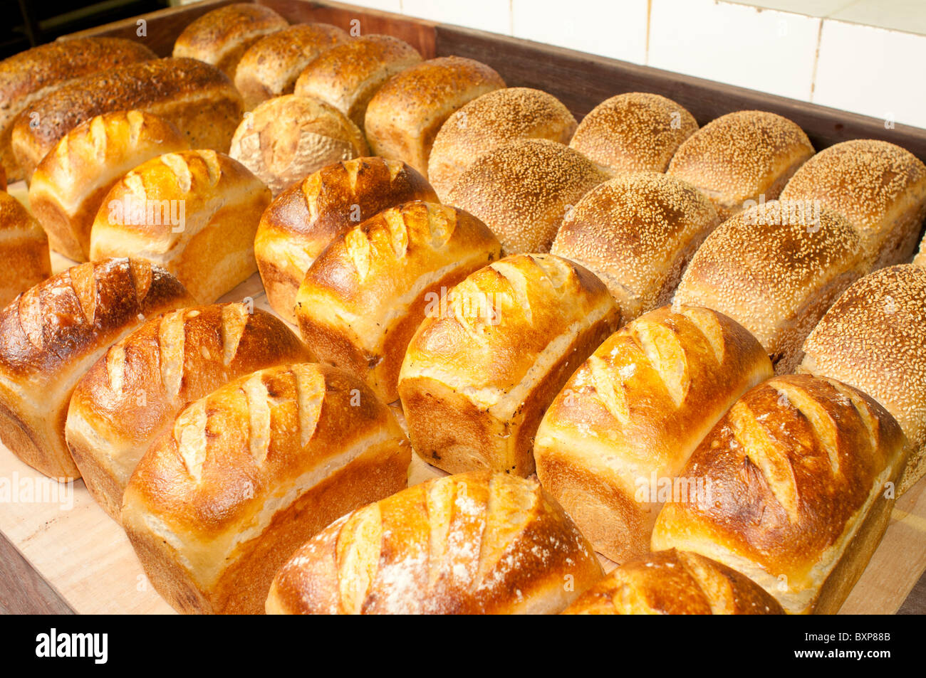 Laibe Brot frisch aus einem Woodfired Ofen Stockfoto