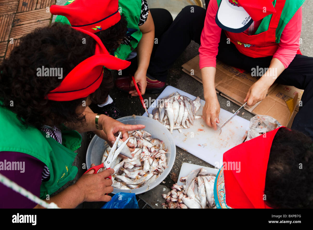 Frauen bereiten Fisch für das Kochen mit einer Schere im Hafen von Mokpo, Südkorea Stockfoto