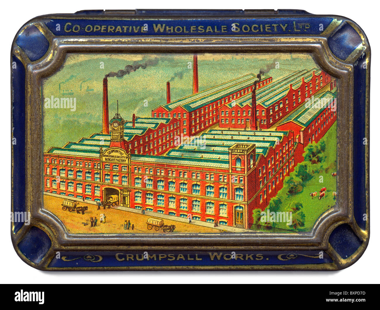 Keksdose für Großhandel Genossenschaft (die Co-op) mit Veranschaulichung der viktorianischen Keksfabrik, um 1905 Stockfoto