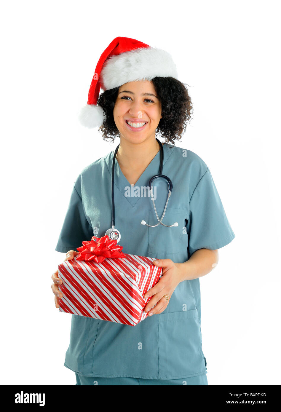 Weiblich-Krankenschwester trägt eine Weihnachtsmütze Stockfoto