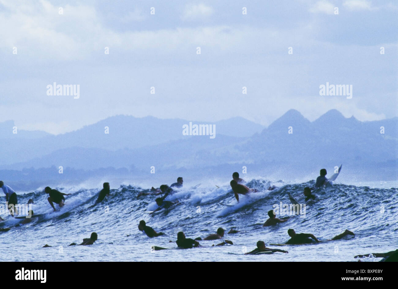 Menschenmenge In Silhouette surfen In Australien Stockfoto