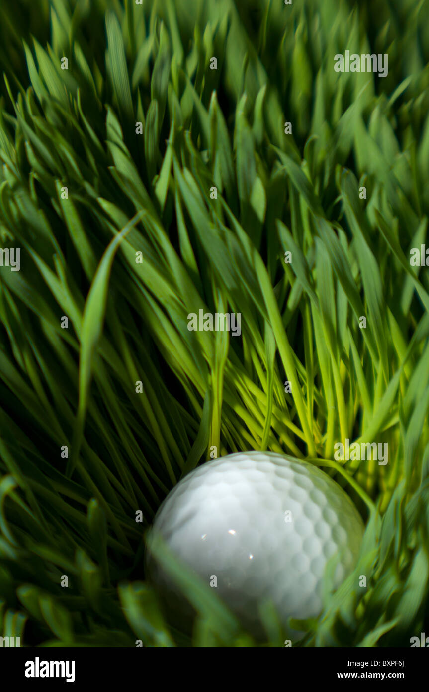 Nahaufnahme eines Golfballs im tiefen Rough (Rasen) Stockfoto