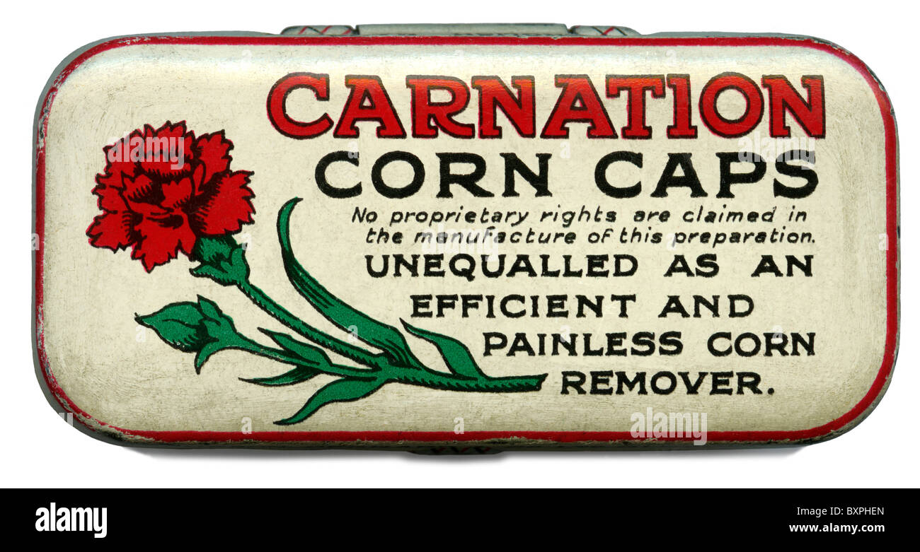 Dose mit Nelke Mais Caps, ca. 1950 - die Worte auf dem Deckel behaupten die Produktergebnisse in effiziente und schmerzfreie Entfernung Hühneraugen Stockfoto