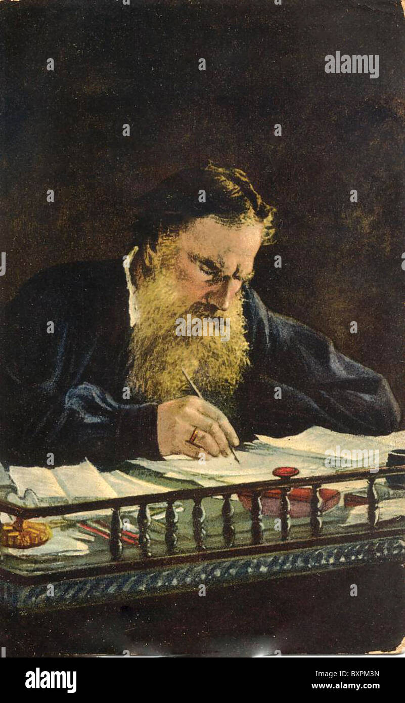 Russischer Schriftsteller LEO TOLSTOY (1828-1910) an seinem Schreibtisch in einem 1870 Gemälde, Künstler unbekannt Stockfoto