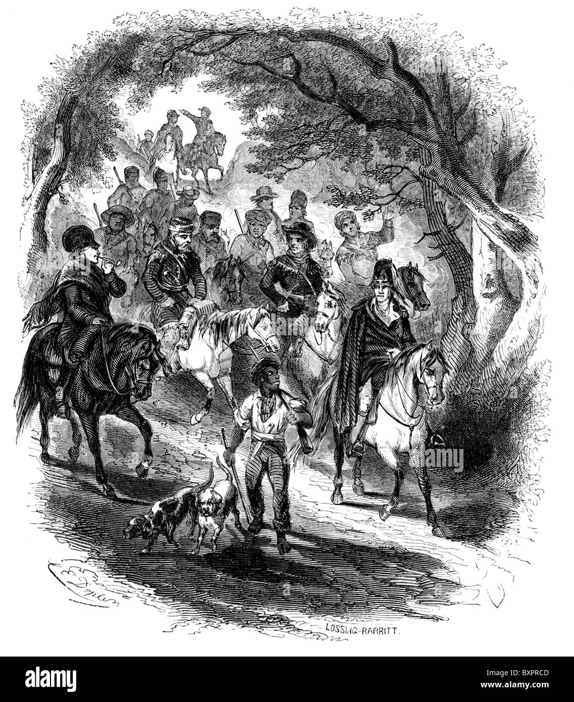 Francis Marion, eine amerikanische partisan führend in Revolution und seine Kavallerie unterwegs zum revolutionären general Horatio Gates beitreten. Stockfoto
