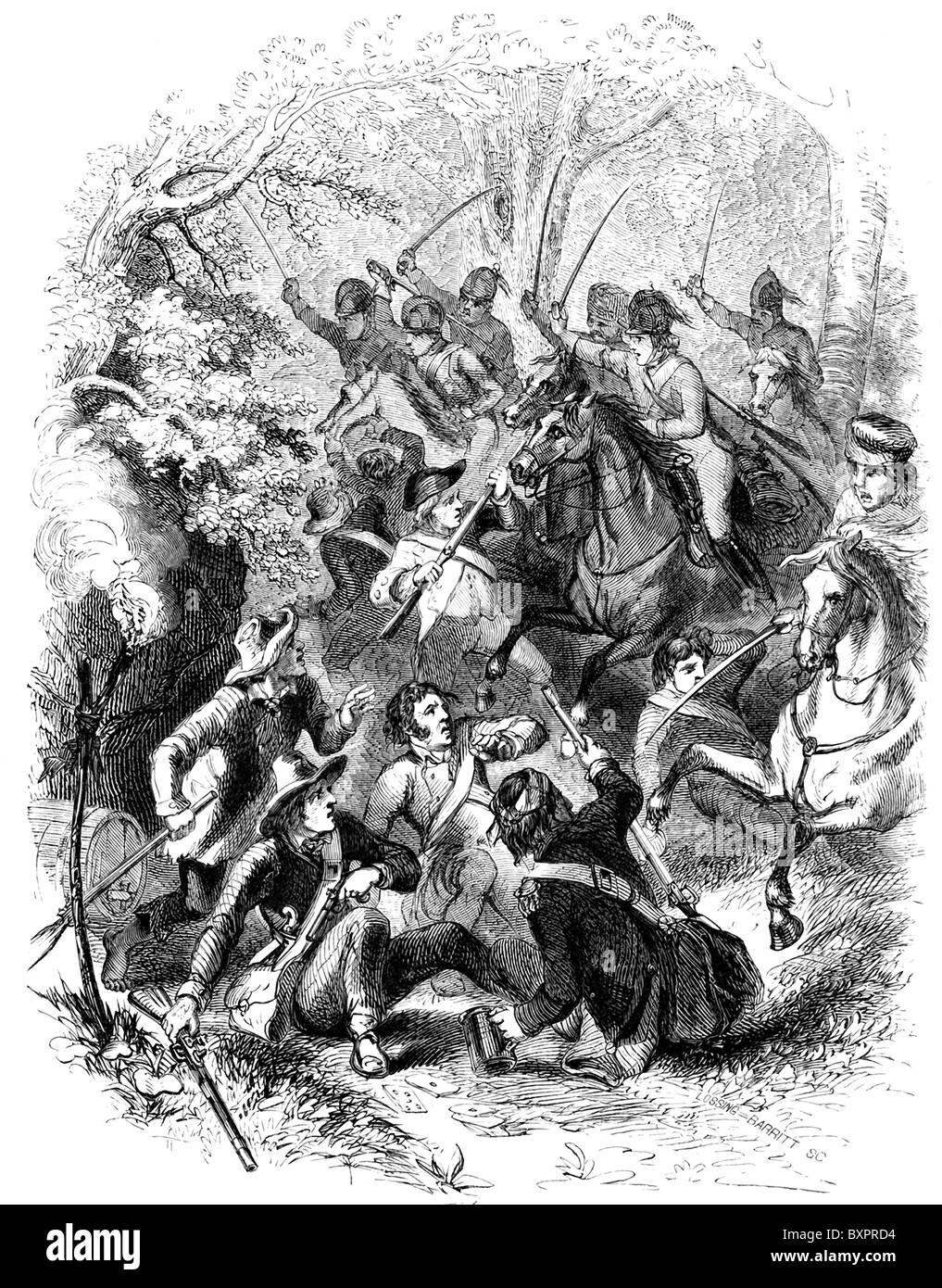 Britische Colonel Tarleton angegriffen und die Patriots unter Allgemeine Abraham Buford, der auf seinem Weg nach Charleston war geschlachtet. Stockfoto