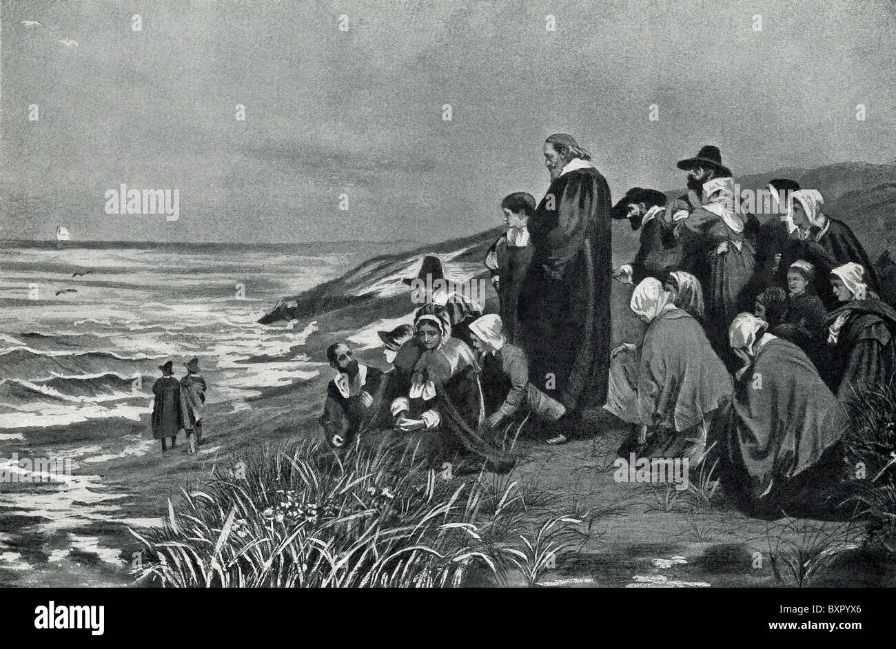 Die Pilger am Plymouth beobachten der Mayflower für England im April 1621 abzuweichen. Stockfoto