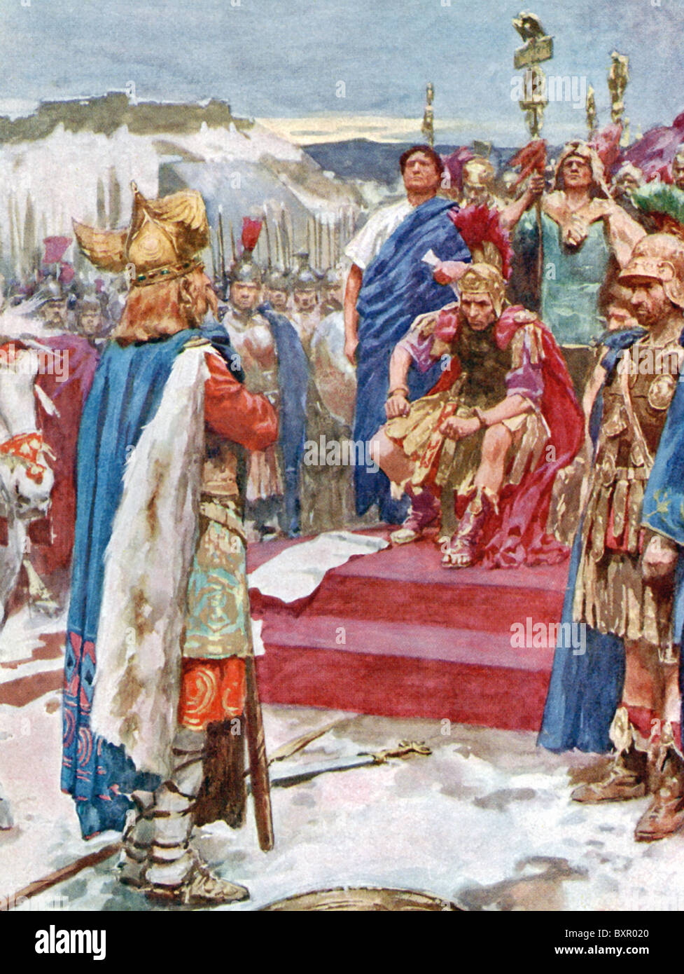 Gallische Häuptling Vercingetorix kapituliert offiziell sein Schwert und selbst zu Julius Caesar. Stockfoto