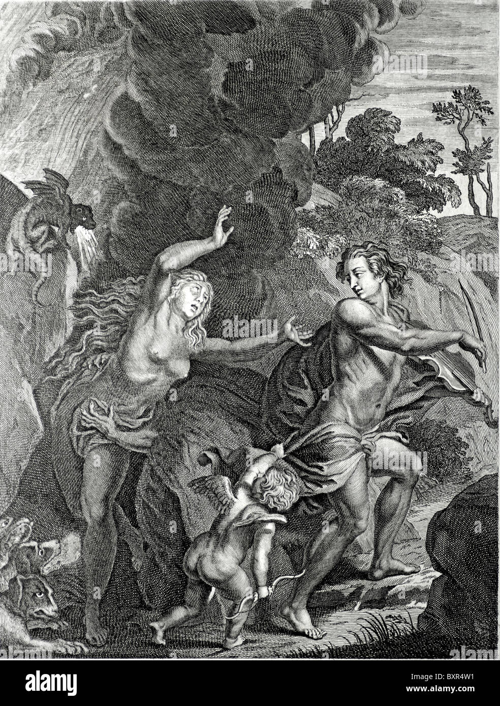 Orpheus, die führende Eurydice Out of Hell (Kupferstich von Bernard Picart 1723) Stockfoto