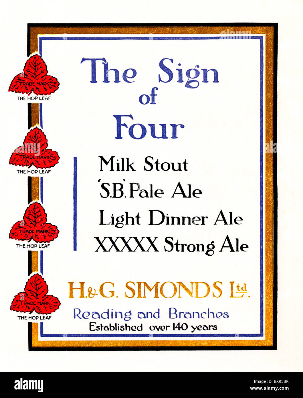 Sign of Four, 1927-Werbung für die Biere gebraut in Lesung von H & G Simonds, gründete 1785, unter der Marke Hop Leaf Stockfoto
