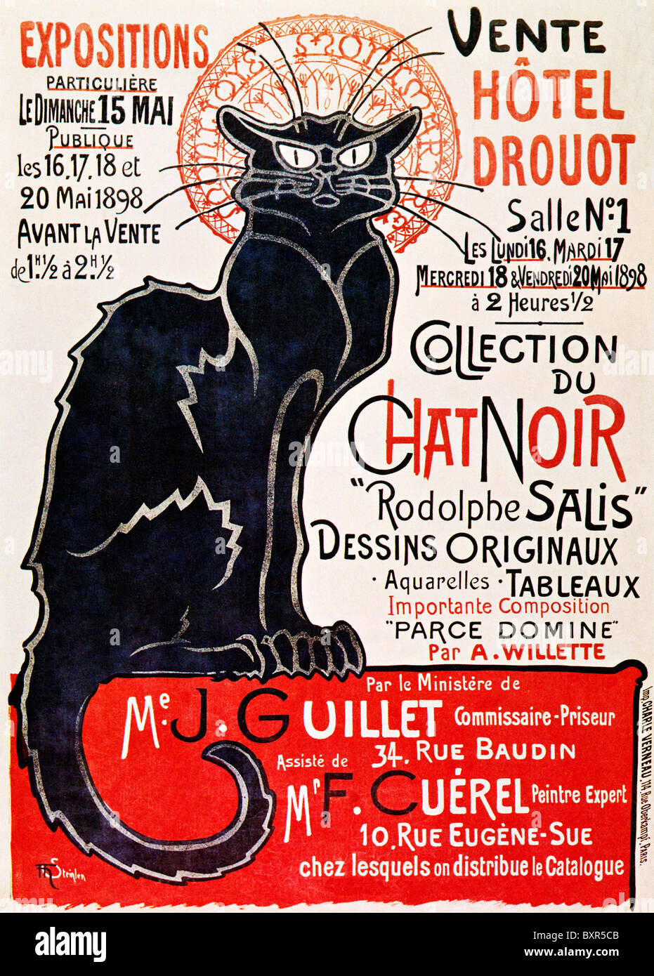 Chat Noir Verkauf, Steinlen, Jugendstil Plakat 1898 für die Versteigerung von Artikeln aus dem legendären Salis Pariser Nacht Club im Hotel Drouot Stockfoto