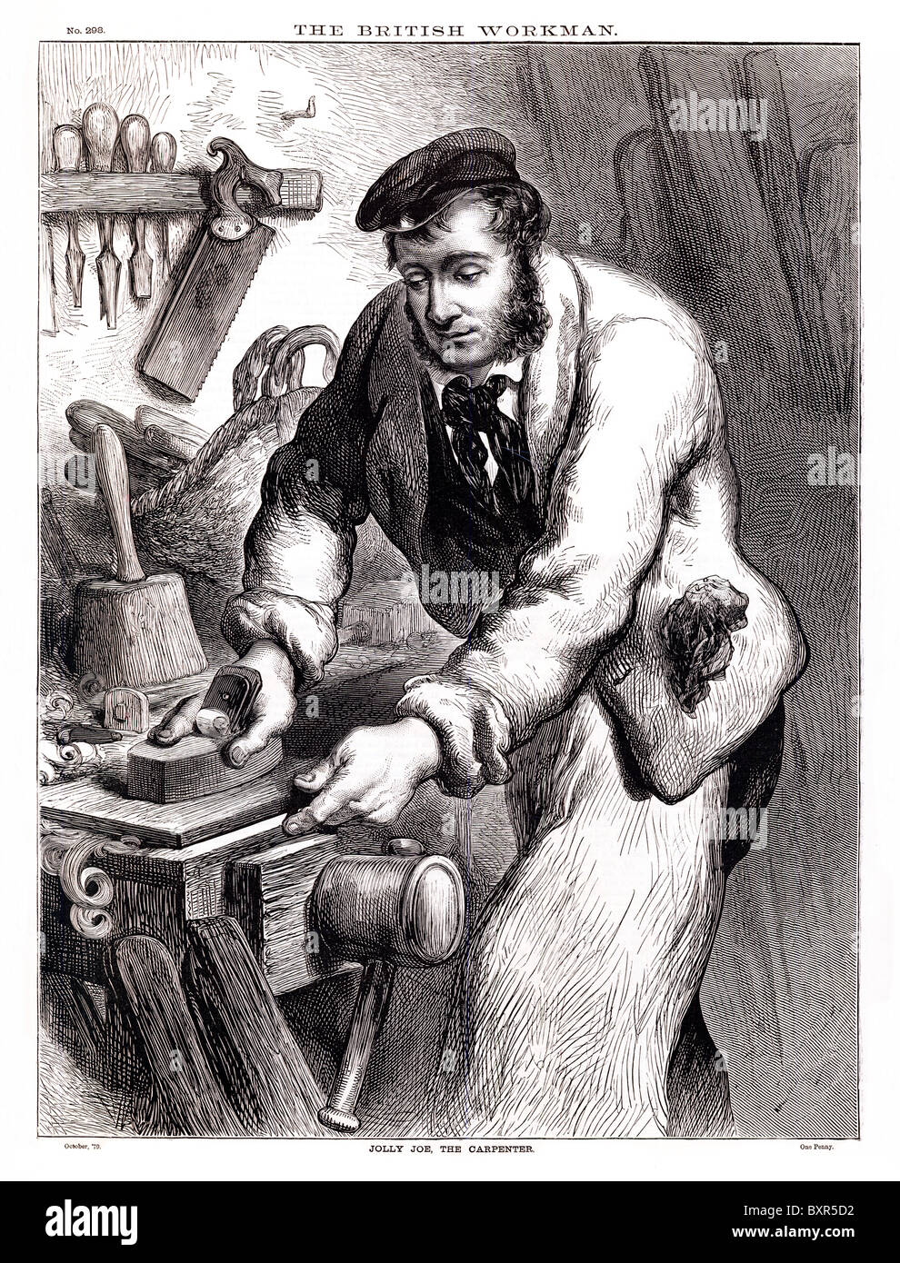 Joe The Carpenter, Jolly viktorianischen Gravur von einem qualifizierten Handwerker bei der Arbeit mit Holz Stockfoto