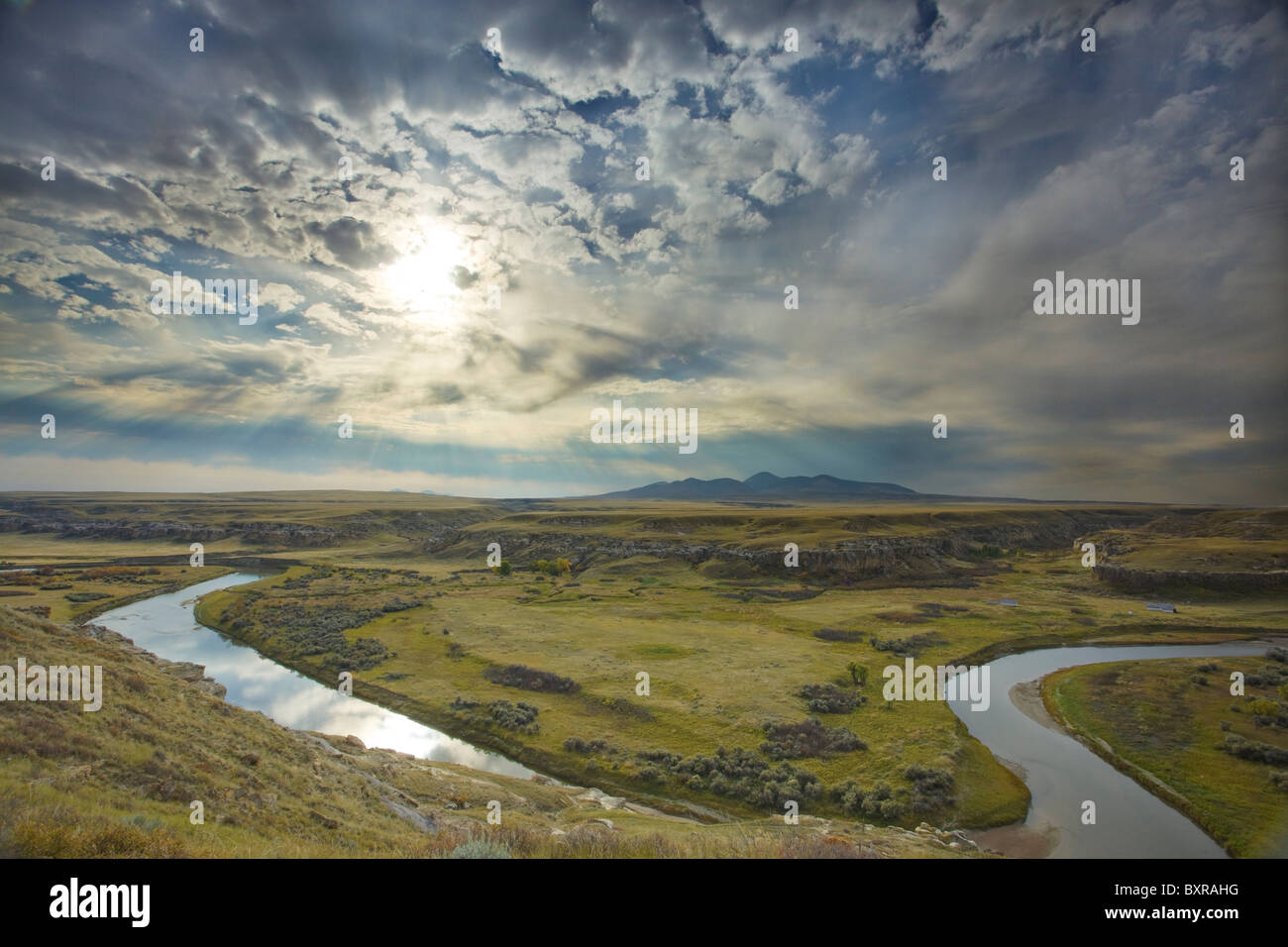 Milk River Panorama, schreiben-auf-Stein Provincial Park, Alberta, Kanada Stockfoto