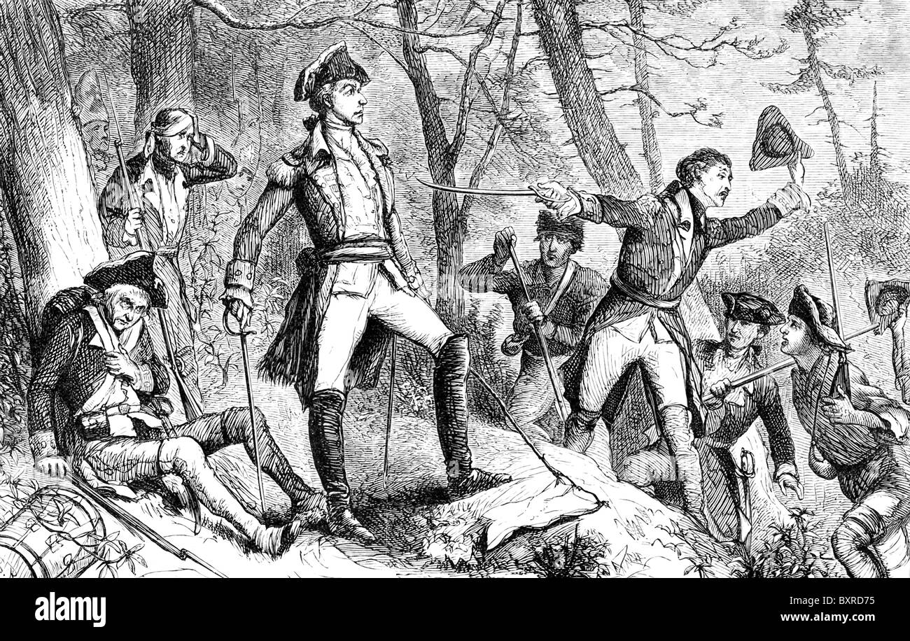 Der britische Kommandant, Kapitän Depeyster, wirft die weiße Fahne und übergibt an die Patrioten in der Carolina-Kampagne. Stockfoto