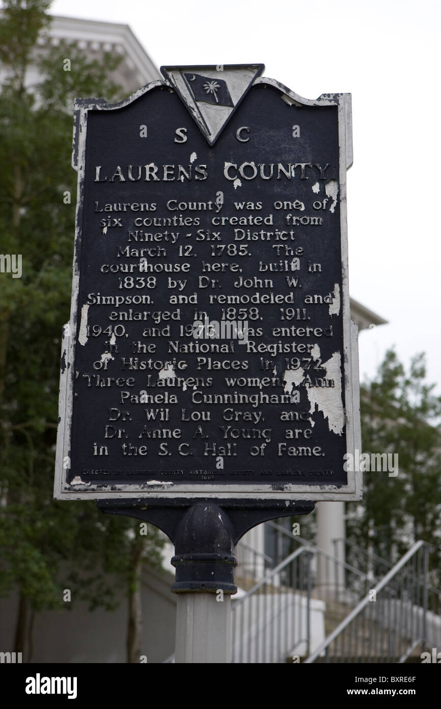 LAURENS COUNTY, Laurens County war eines der sechs Grafschaften erstellt von Ninety - Six Bezirk 12. März 1785 Stockfoto