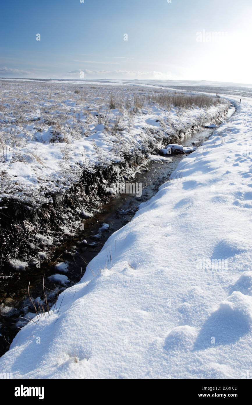 Entwässerungsgraben am Rand der Heide Moor entlang einer Straße mit Eiszapfen zeigt Beweise für Wasser ablassen hinein Stockfoto