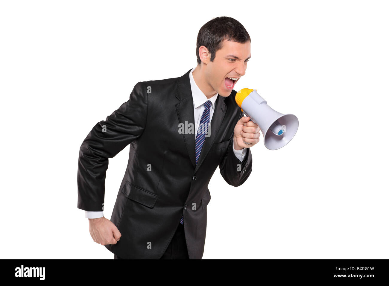 Eine böse Geschäftsmann über Megaphon schreien Stockfoto