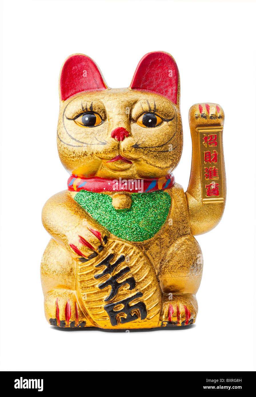 Maneki Neko die verlockende glückliche Katze isoliert Stockfoto
