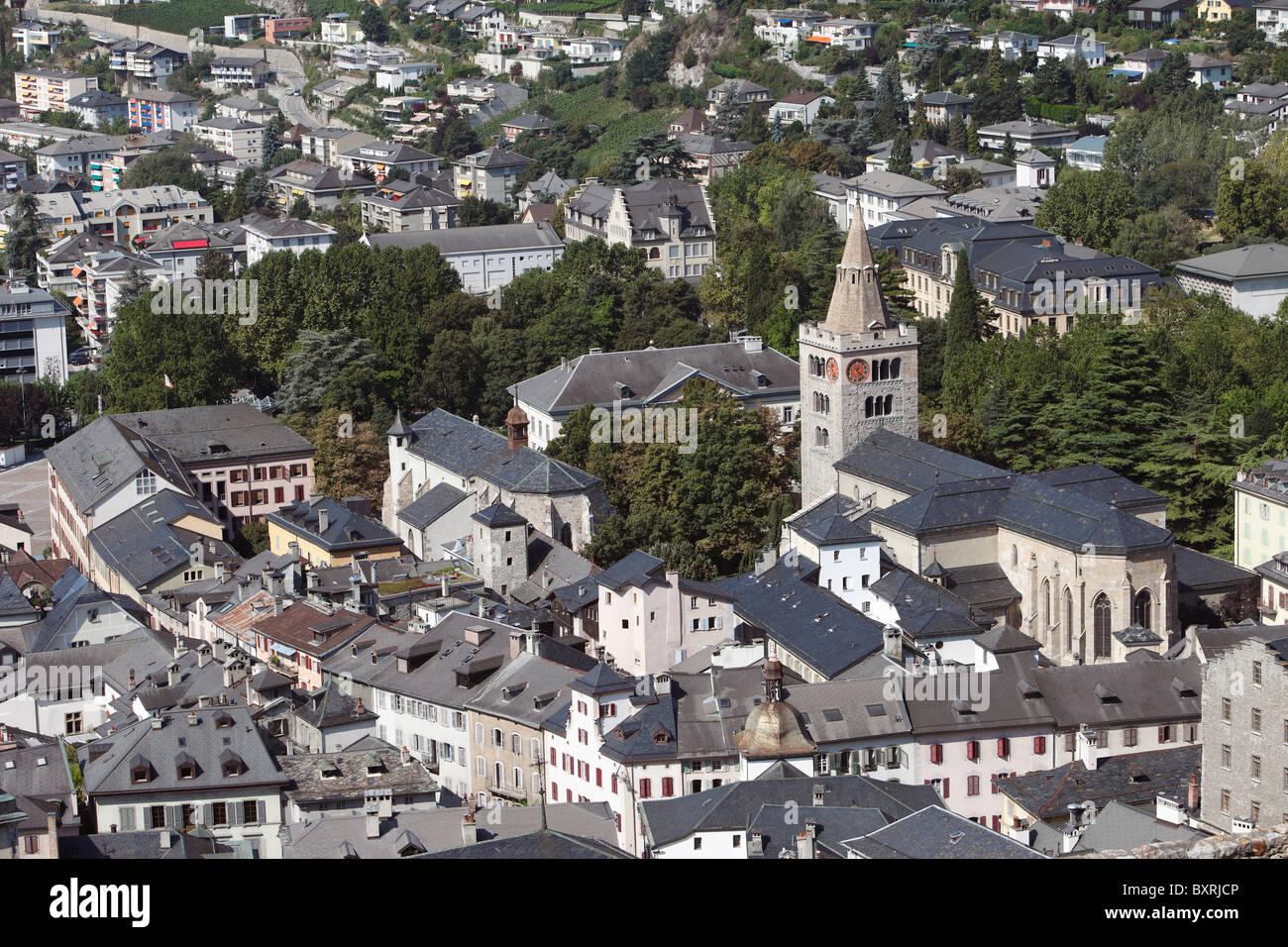 Ansicht von Sion von der Kathedrale von Valeria, Schweiz Stockfoto