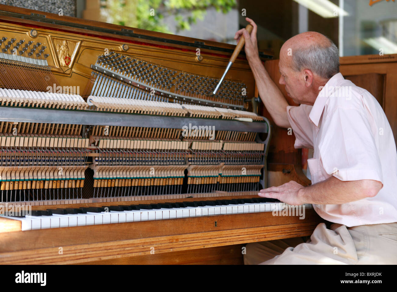 Klavierstimmer bei der Arbeit in einer beliebten Bar auf Rue de Grand Pont in der Altstadt von Sion, Schweiz Stockfoto