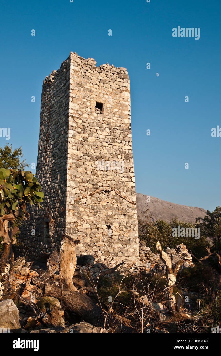 Eine Ruinen Stein Turm Haus im Dorf Agios Georgios, im tiefen Mani, südlichen Peloponnes, Griechenland. Stockfoto