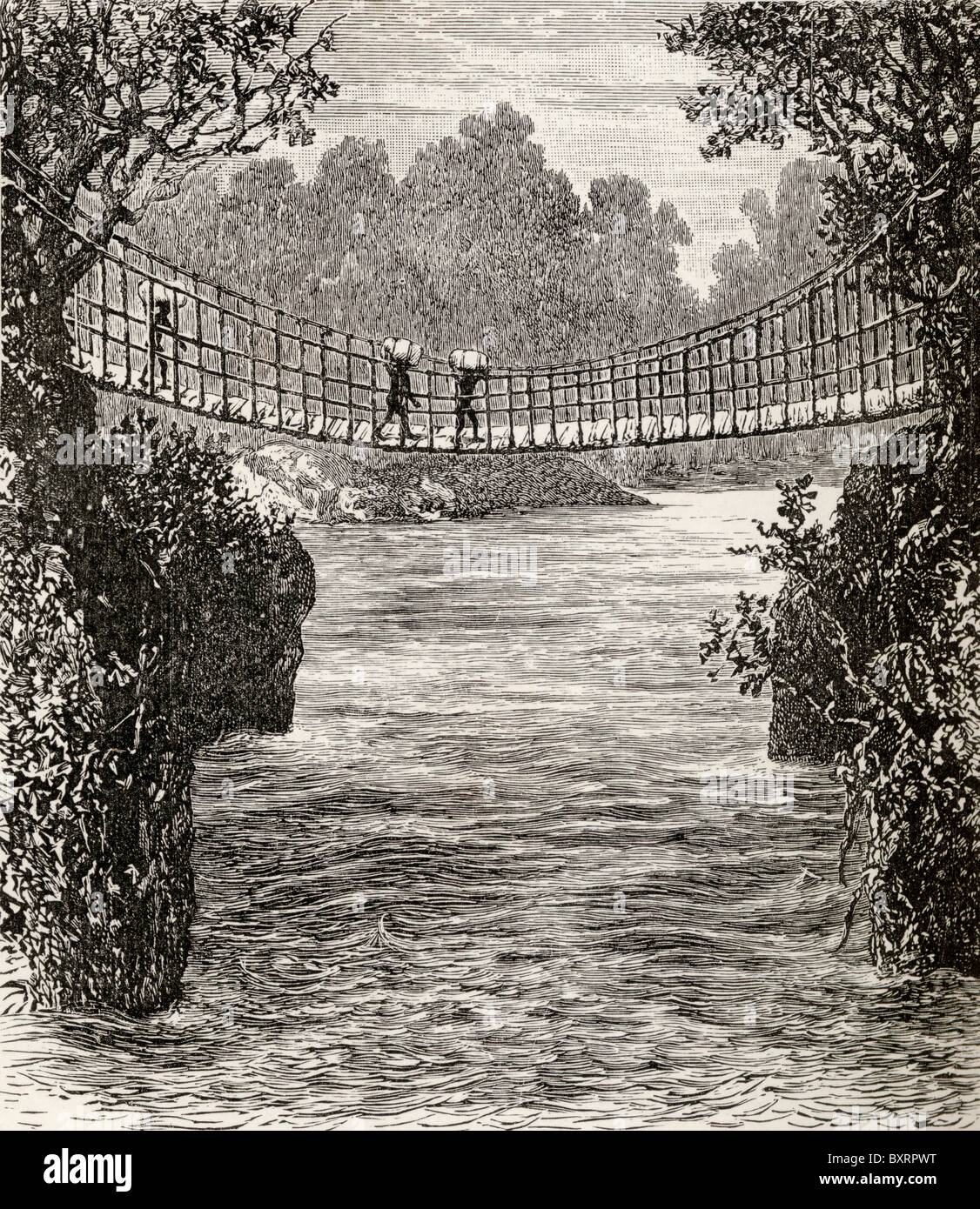 Hängebrücke über den Ituri-Fluss, der Kongo, Afrika, im 19. Jahrhundert. Stockfoto