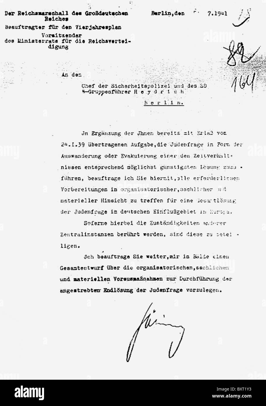 HERMAN GOERING Brief Juli 1941 Reinhard Heydrich über die "endgültige Lösung der Judenfrage" Stockfoto