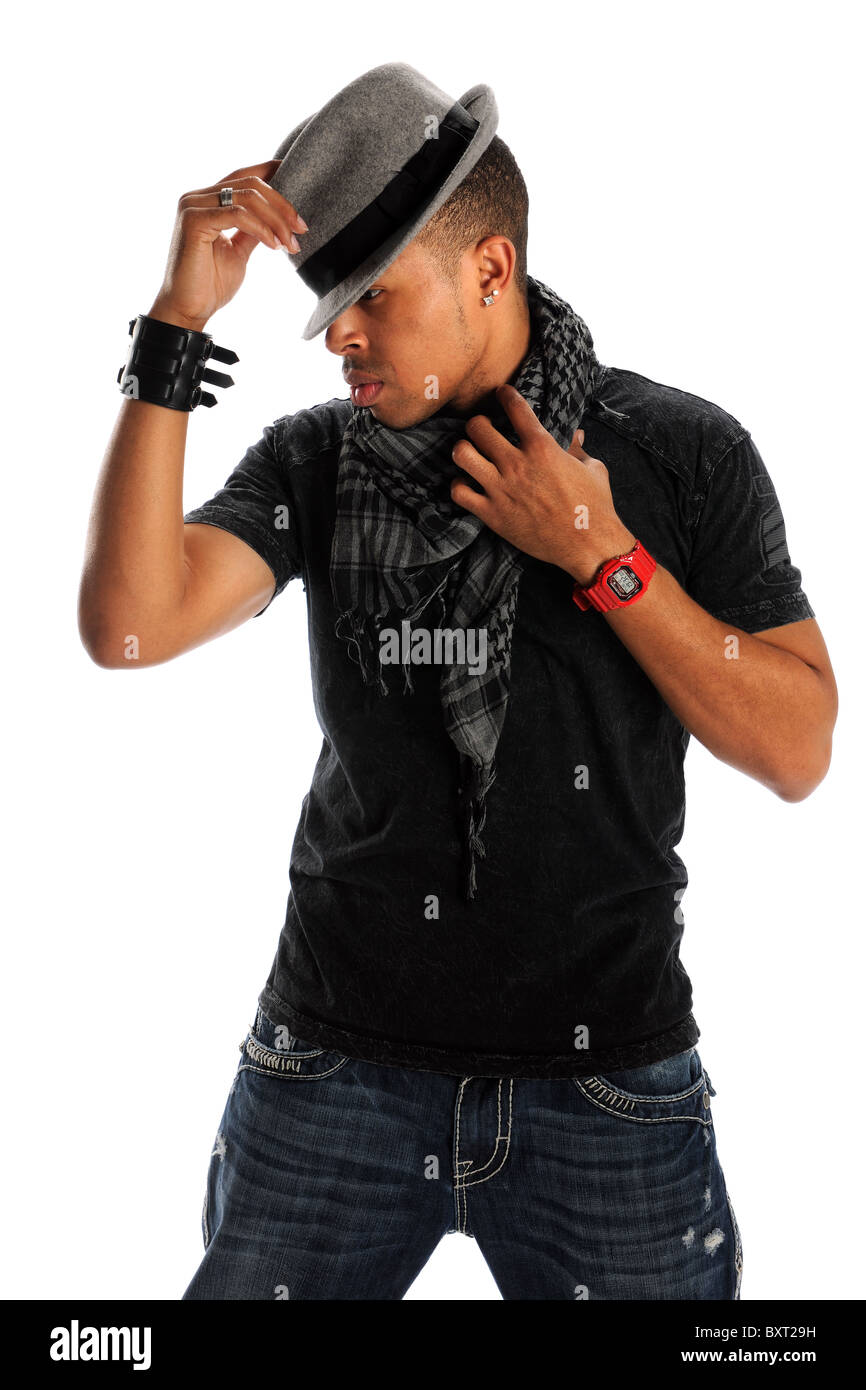 Porträt des afroamerikanischen Hip-Hop-Mann Trinkgeld Hut isoliert auf weißem Hintergrund Stockfoto