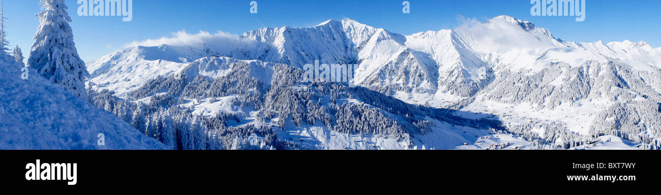 Panorama Skigebiet Adelboden Sillerenbühl aus Chuenisbaergli, Berner Oberland, Schweiz Stockfoto