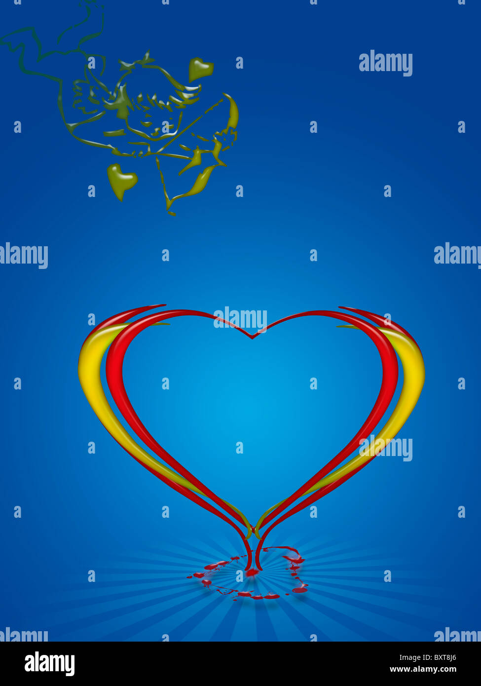 Amors Pfeile in die Herzen am Valentines Tag. Abbildung mit gelb orange hinterlegt Stockfoto