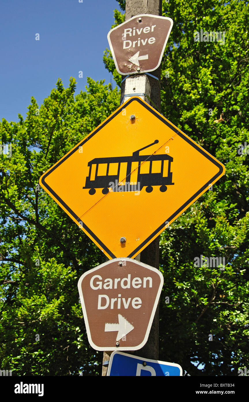 Straßenbahn-Schleife Straße Zeichen, Region Worcester Boulevard, Christchurch, Canterbury, Neuseeland Stockfoto