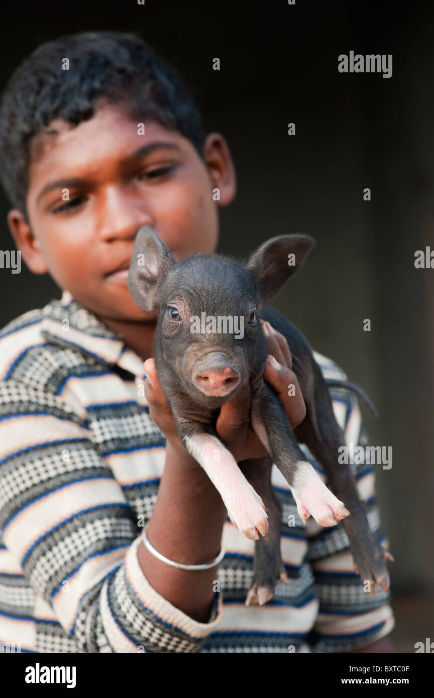 Untere Kaste indischer Junge mit kleinen Schwein, das von ihm aufgezogen wird und verkauft für Fleisch, wenn völlig gewachsen. Andhra Pradesh, Indien Stockfoto