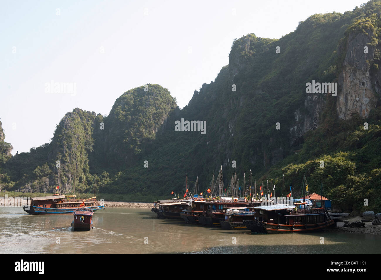 Ausflugsboote Andocken an Dau Go Insel Besuch eine Höhle, Halong Bucht, Vietnam Stockfoto
