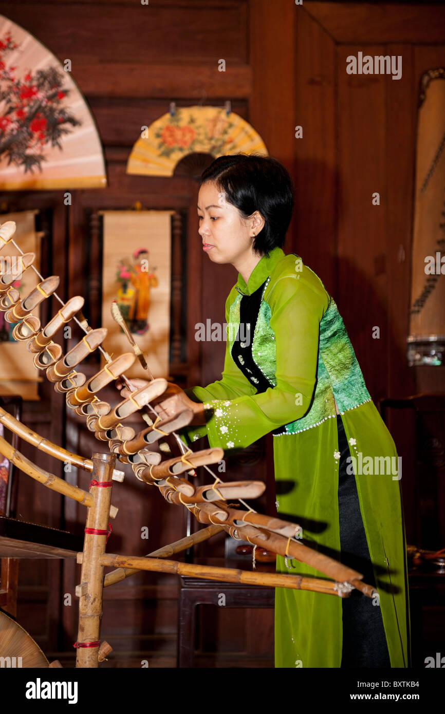 Musiker spielen ein traditionelles Saiteninstrument in der Musik Zimmer, Temple of Literature, Hanoi, Vietnam Stockfoto