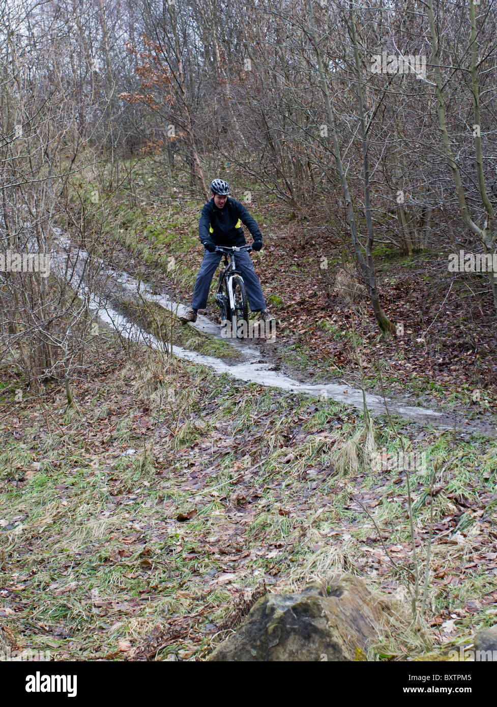 Winter-Radfahrer Abrutschen von Eis bedeckt Hügel in Blaydon brennen Waldspaziergang. Stockfoto