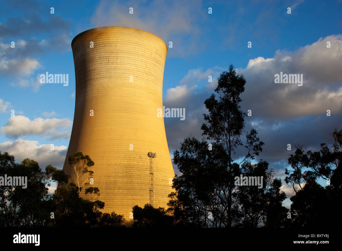 Australien, Victoria, Yallourn, Dampf steigt aus Kühltürmen bei Kohle-Tru Energie Kraftwerk am Sommerabend Stockfoto
