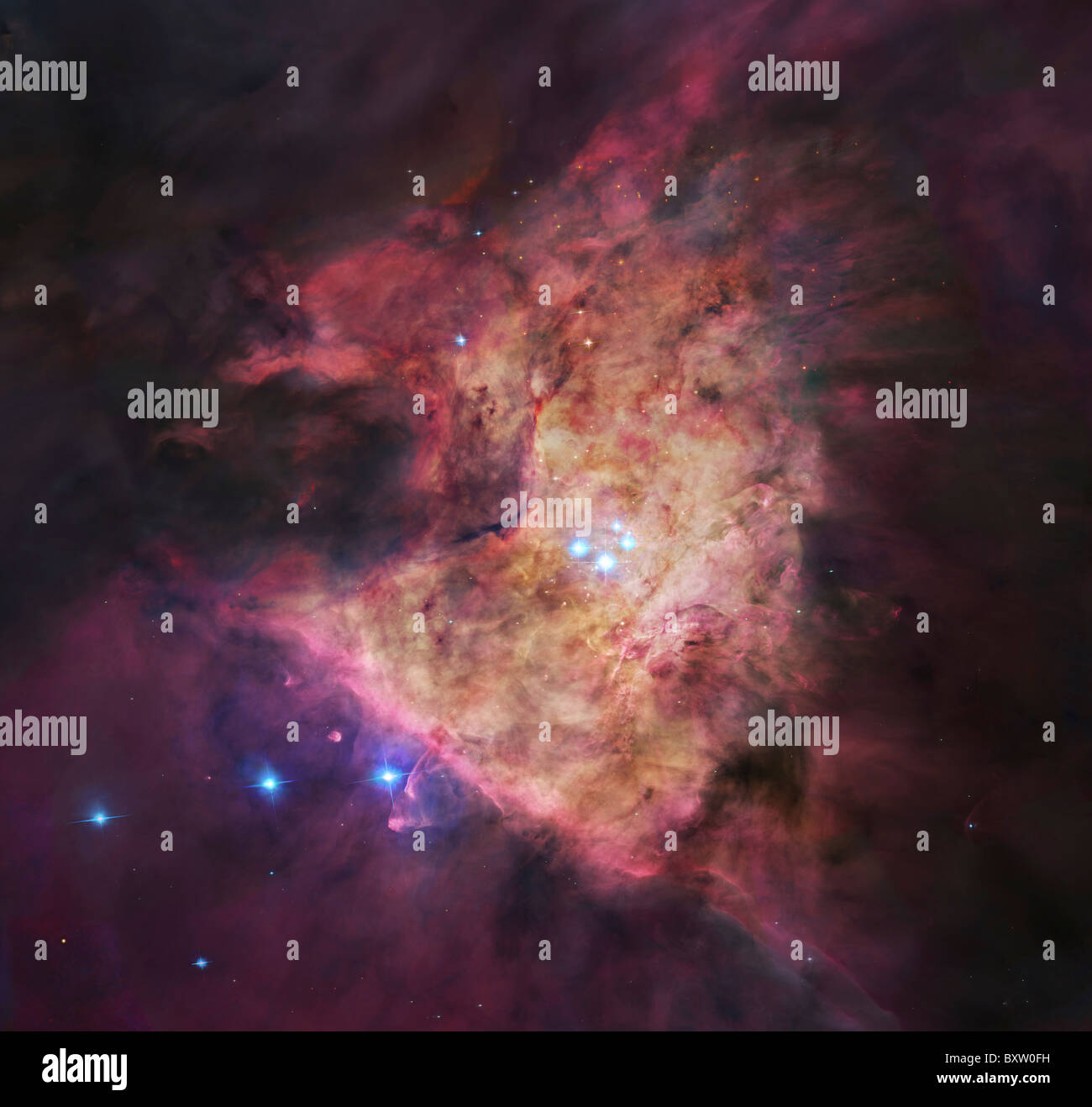 Das Zentrum des Orionnebels, bekannt als die Trapez-Cluster. Stockfoto