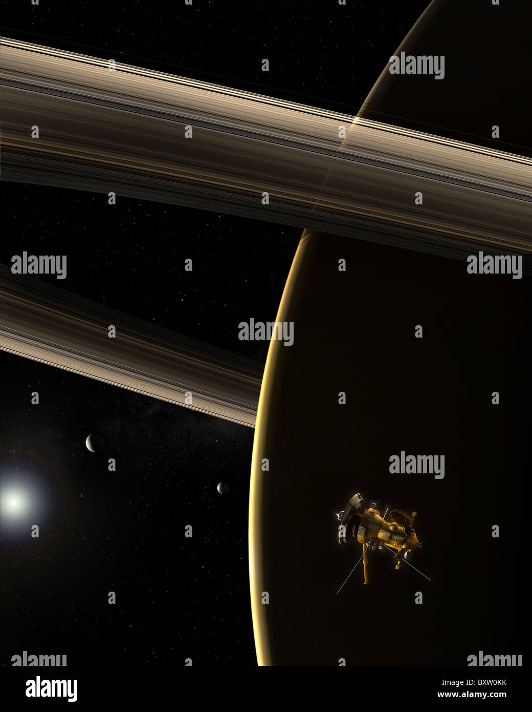 Die Raumsonde Cassini Zeugen eine geschrumpften Sonne Pause über Saturn. Die Ringe des Saturn und zwei seiner Monde sind ebenfalls sichtbar. Stockfoto