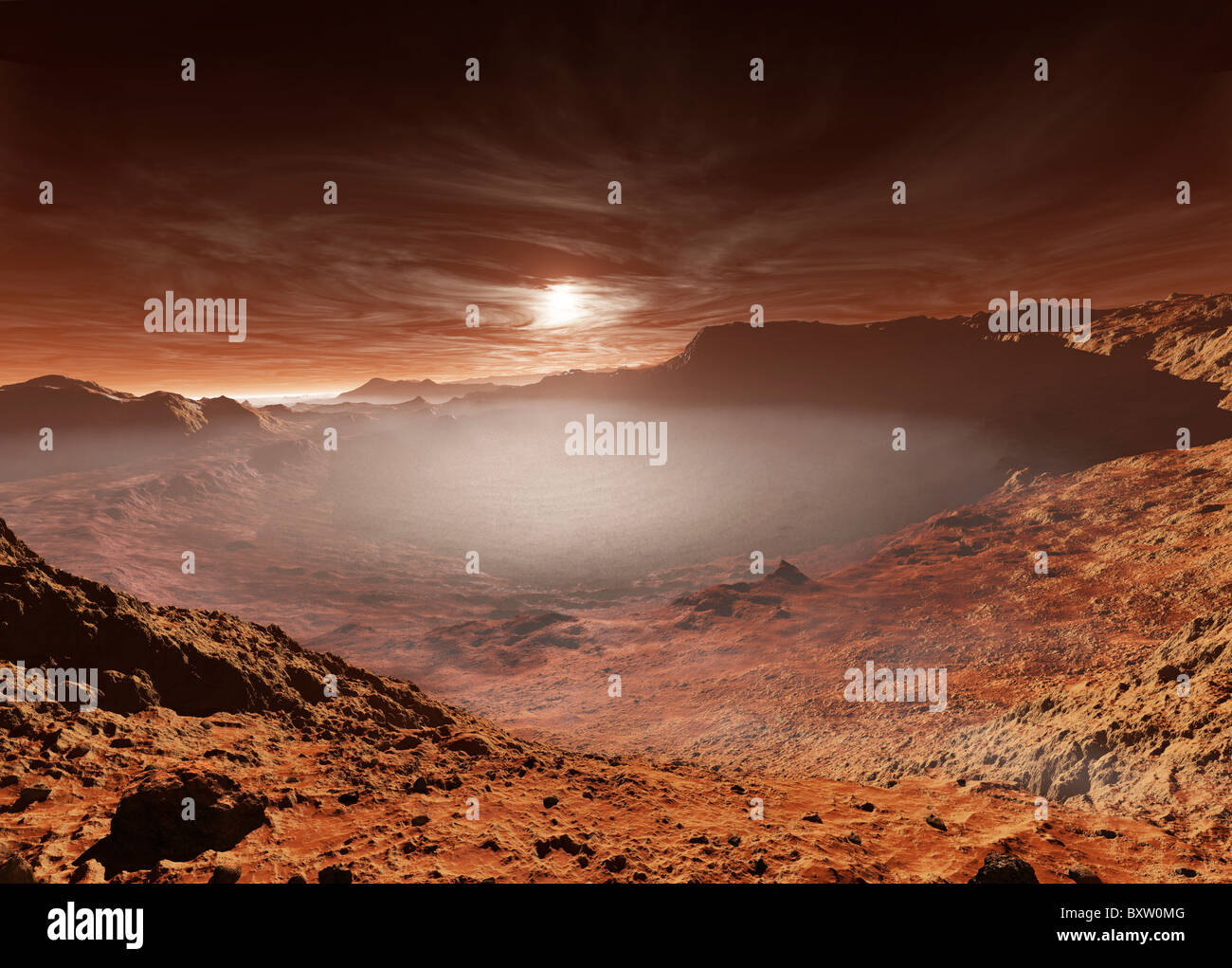 Die Sonne geht über der Eberswalde-Region des Mars. Stockfoto