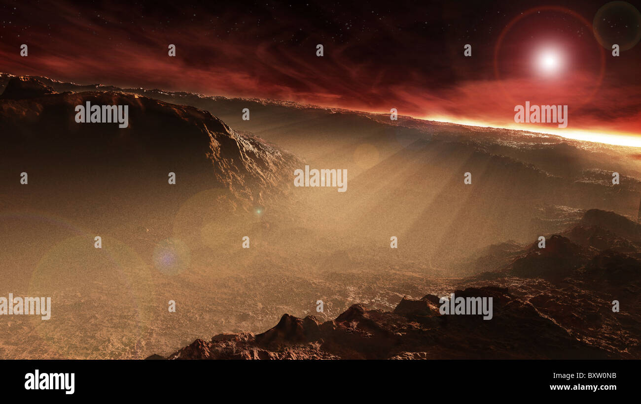 Die Sonne geht über Gale Krater, Mars. Dies ist einer der potenziellen Landestellen für das Mars Science Laboratory Rover. Stockfoto