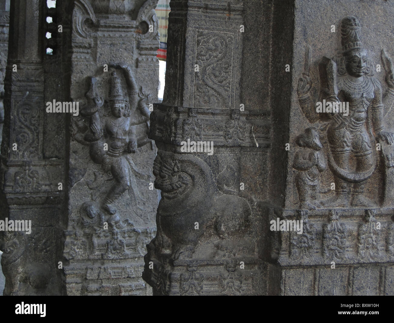 Parvati mit Waffen der Götter zu töten, den Dämon Stier bei Siva Tempel in Kanchipuram, Tamil Nadu, Indien, Asien Stockfoto