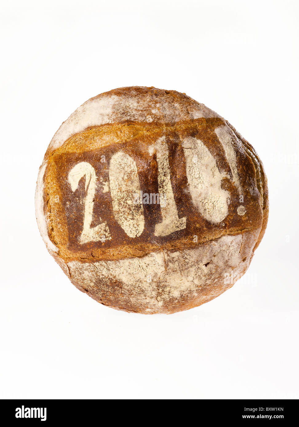 rundes Laib Brot Schablonen mit dem Jahr 2010 Stockfoto