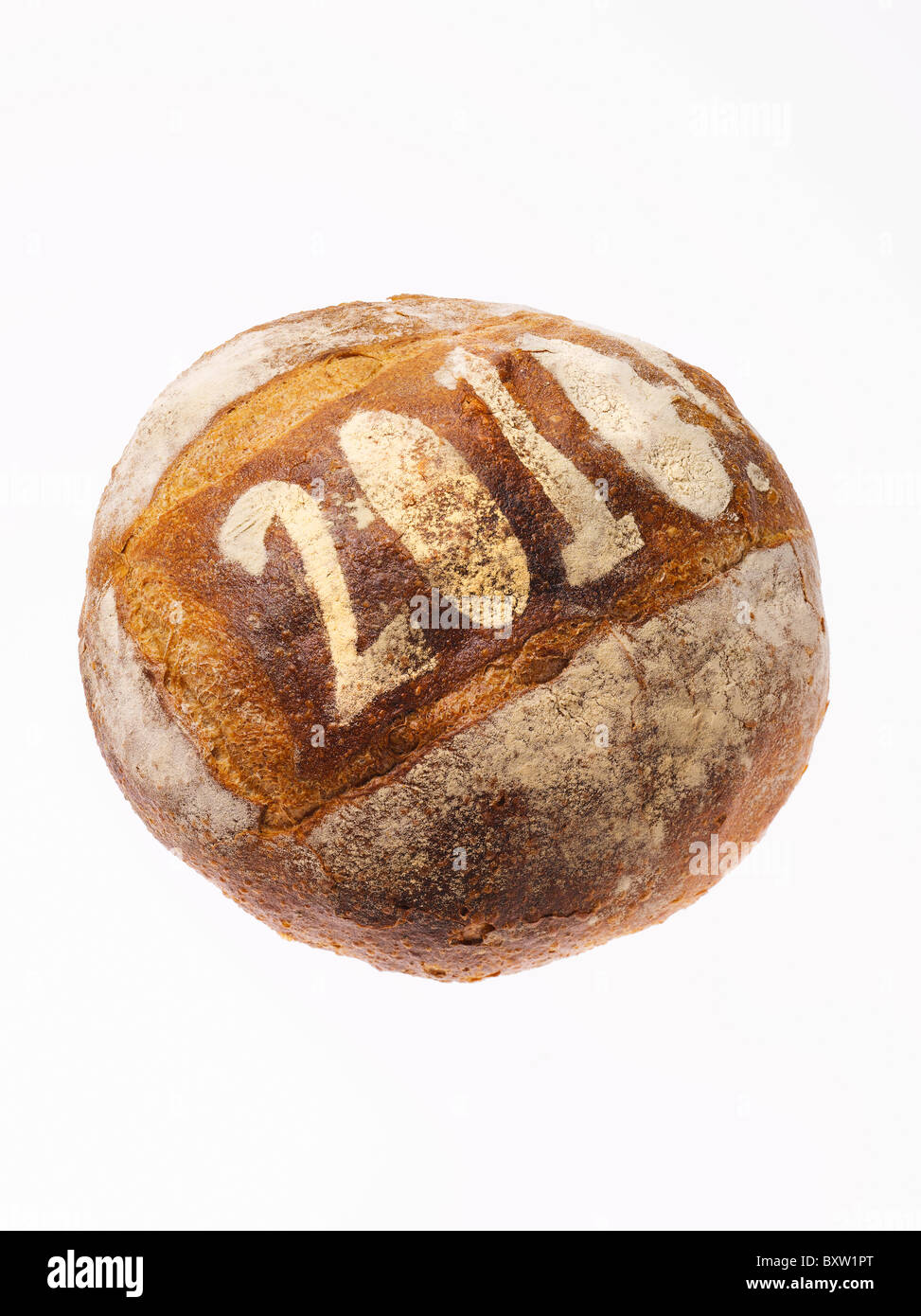 rundes Laib Brot bestäubt mit dem Jahr 2010 Stockfoto