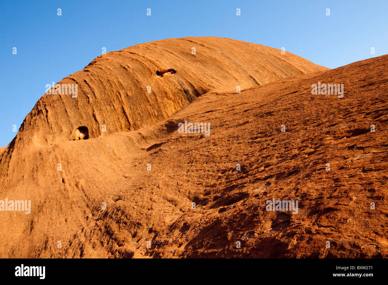Australien, Northern Territory, Uluru - Kata Tjuta National Park, morgen Sonne leuchten Muster in roten Felsen Basis des Ayers Rock Stockfoto