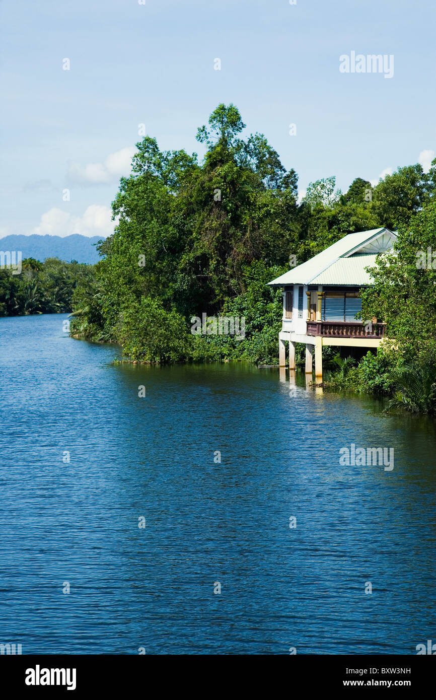 Haus, umgeben von Dschungel am Besut River Stockfoto