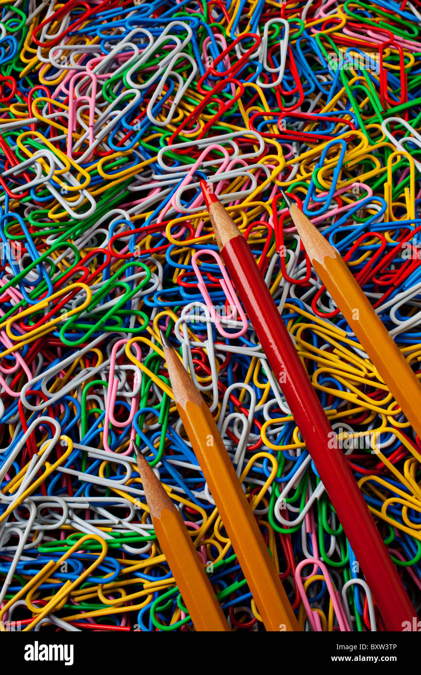 Rote und gelbe Bleistifte auf Büroklammern Stockfoto