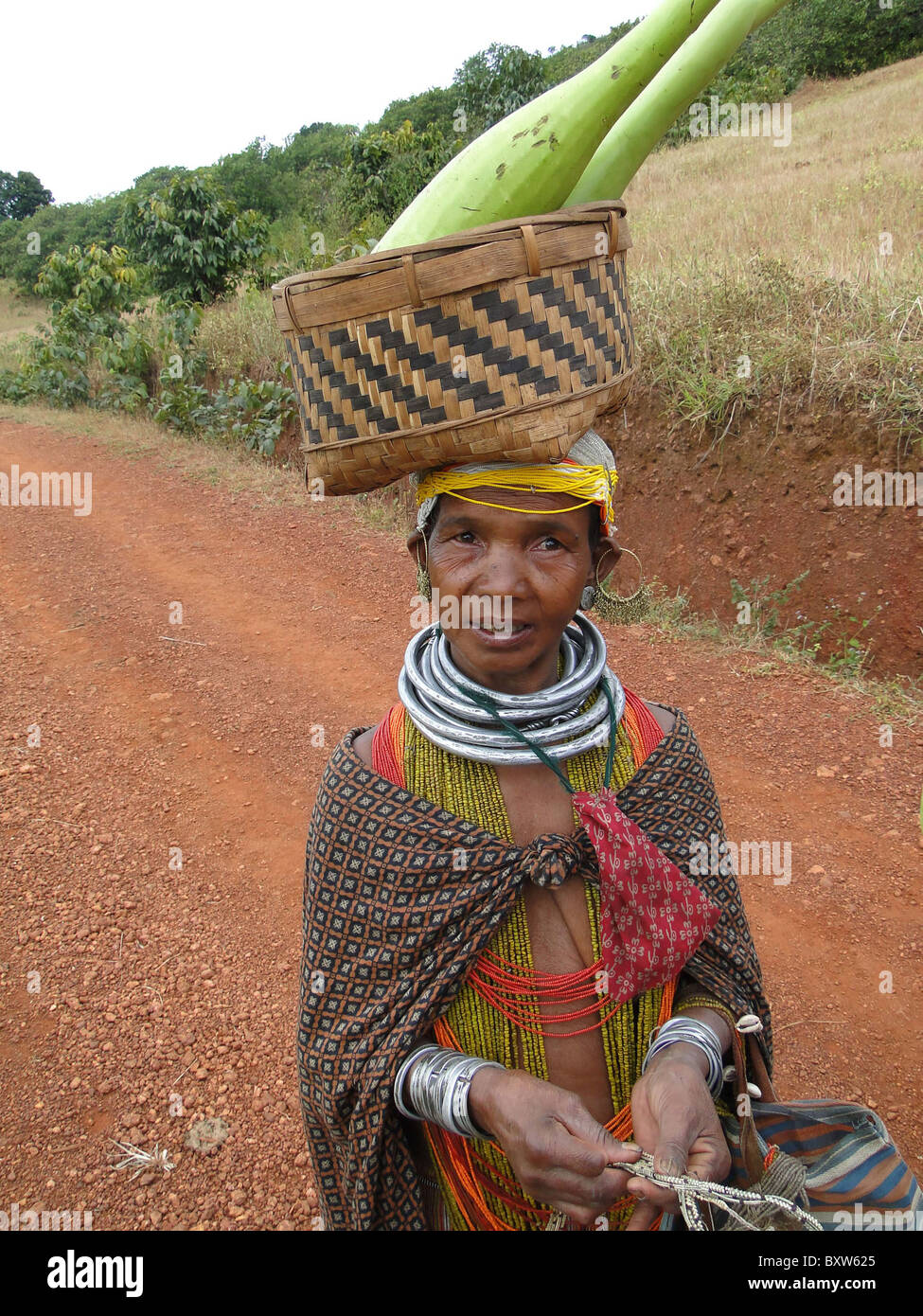 ORISSA, Indien - 12 Nov - Bonda Indianerin posiert für ein Portrait auf dem Weg zum Wochenmarkt am 12. November 2009 in Ankadeli, Stockfoto
